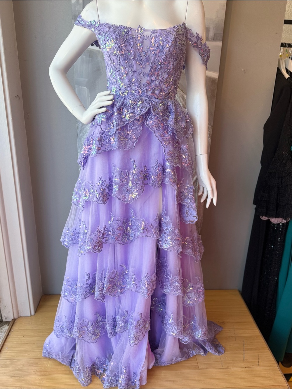 Lilac Off-Shoulder Tiered Lace Prom Dress